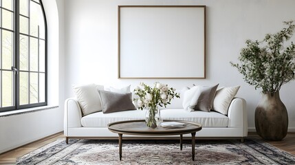 Fototapeta premium A modern living room featuring a white sofa, a vintage coffee table, an arched window, and a large, empty art poster frame, with a patterned rug beneath the coffee table and a vase of fresh flowers