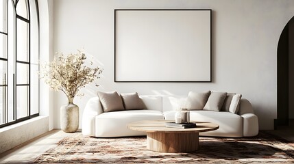 A modern living room featuring a white sofa, a vintage coffee table, an arched window, and a large, empty art poster frame, with a patterned rug beneath the coffee table and a vase of fresh flowers