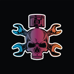 Mechanic logo with skull, pistons and crossed wrenches. Original vector illustration in vintage style isolated on black background. T-shirt design.