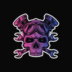 Skull wearing motorcycle goggles against a background of wrenches and an engine. Original vector illustration in vintage style isolated on black background. T-shirt design.