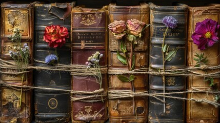 A collection of old books tied with a thin rope, adorned with flowers, creating a vintage, poetic scene full of romance.