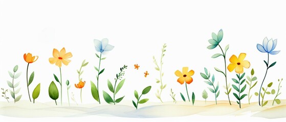 Beautiful watercolor illustration of various colorful wildflowers and green foliage on a white background, perfect for spring or summer themes.