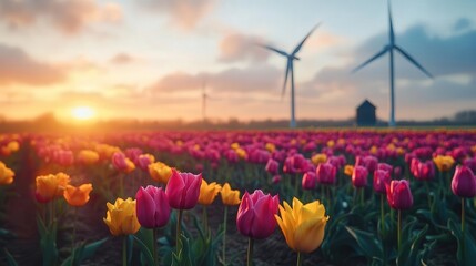 4K Detail Realistic Vibrant tulip fields of Netherlands, windmills in background,