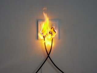 Electricity, flame and plug on wall of home with space for accident, connection or emergency....