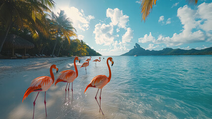 Pink flamingos on a tropical beach in the Seychelles