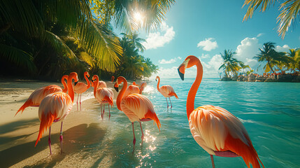 Fototapeta premium Flamingo in the lagoon on a sunny day. 3d rendering