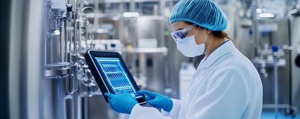 Biopharmaceutical engineer designing disposable sensors for in-line process monitoring, real-time data, biomanufacturing