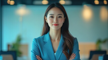 Fototapeta premium a strong asian female leader leading a training session for employees in a vibrant conference room, highlighting business growth and development