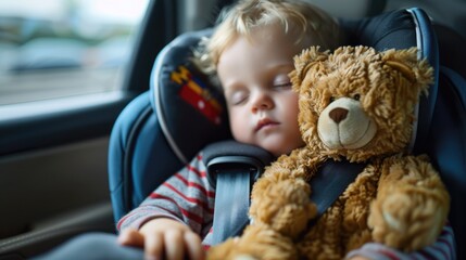 An innocent toddler in a car seat with a bear toy, showcasing a beautiful and relaxing scene of family travel, with safety belts and a serene expression.