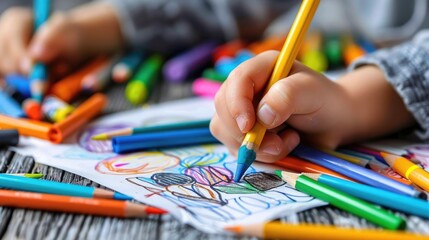 A detailed view of a child's hand with a crayon, drawing on paper, surrounded by various colorful crayons and markers, capturing an engaging art session on a desk.