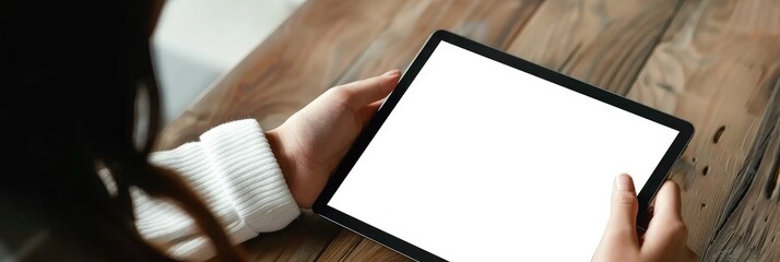 Asian woman using a digital tablet with a blank screen and keyboard for promotional purposes.