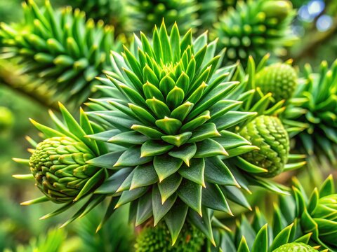 Tightly packed green needles and small cones on a devadaru plant stand out against a soft, blurred background.