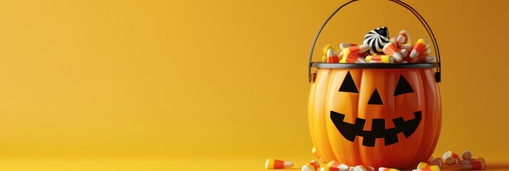 Tin Jack O'Lantern Bucket Overflowing with Candy Corn on Bright Yellow Surface