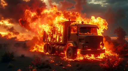 A large truck is on fire in the middle of a field