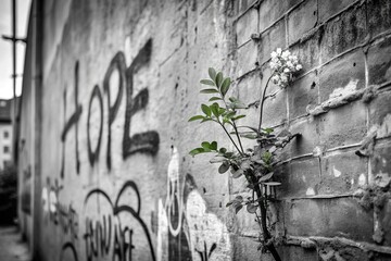 Through cracked concrete, a lone vetch blooms, its delicate petals like whispers of hope on a ravaged wall, a defiant beauty amidst urban decay.