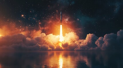 Obraz premium Rocket Launch Through Clouds and Stars at Night