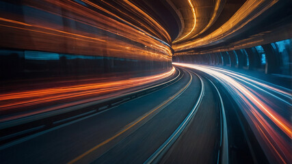 a dynamic, high-speed scene, likely captured from a moving vehicle, such as a train or car. The image is full of vibrant streaks of light, suggesting rapid motion, with a curving path that creates a s