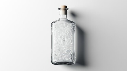 A decorative glass bottle with an ornate design, featuring a cork stopper.