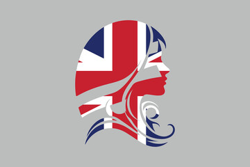 United Kingdom flag and British girl’s shape, British face, United Kingdom flag, Uk, British, silhouette vector
