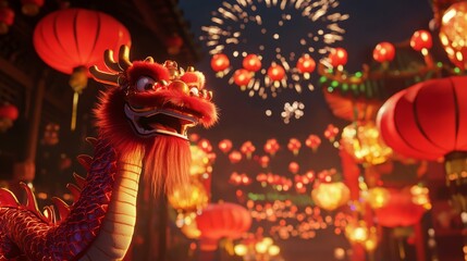 Fototapeta premium A lively dragon dance in the streets, adorned with red lanterns and dazzling fireworks, celebrating cultural festivities in a vibrant atmosphere.