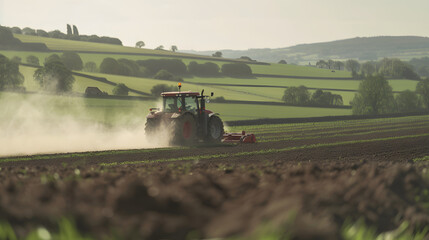 Fototapeta premium Tractor Plowing a Field in England with Rolling Hills – Scenic Agricultural Landscape