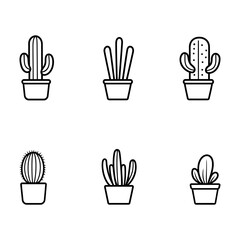 simple vector line art icons, cactus in pots isolated on a white background.