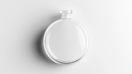 Obraz premium A clear glass flask with a round body and a narrow neck, resting on a white background.