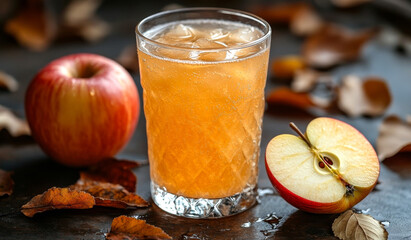 A glass of apple juice is on a table with a slice of apple on the side. The juice is poured into a glass with a stem and is topped with ice