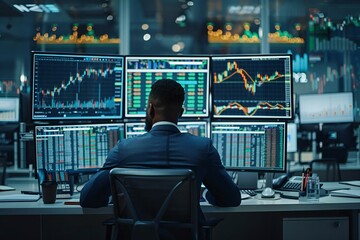 Fototapeta premium African American stock market broker analyzing graphs on multiple screens in trading office.