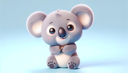 Adorable 3D cartoon koala with big eyes sitting against a blue background.