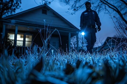 security guard walking the building perimeter with a flashlight at night.
