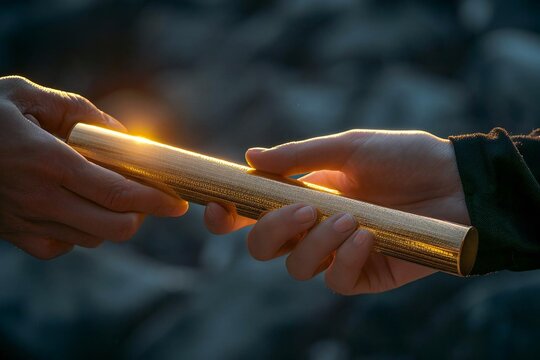 Two hands passing a golden relay baton, representing teamwork and collaboration in the business world.
