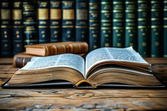 An open law book on a wooden desk with law books in the background in a courtroom setting.