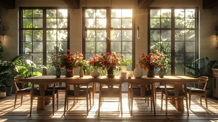 Fototapeta premium A sunlit dining room with a wooden table and chairs, illuminated by a large window and chandelier.