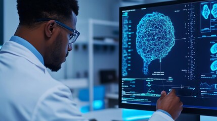 Researcher using AI for drug discovery in biopharmaceuticals, machine learning, data-driven development
