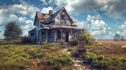 A rustic, abandoned house with a sagging roof, boarded windows, and an old rocking chair gently swaying in the wind on a rotting porch, surrounded by an overgrown garden.