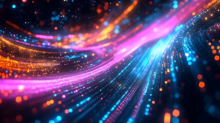 Obraz premium Vibrant Digital Data Stream Flowing Through a Virtual Space in 3D Render