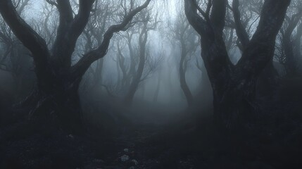 Haunting Dark Forest with Twisted,Gnarled Trees Shrouded in Mist and Fog