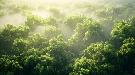 Mystical Forest Landscape with Misty Treetops in the Early Morning