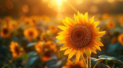 Naklejka premium A single sunflower stands tall in a field of its kin, bathed in the warm glow of the setting sun.