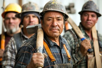 Close-up of diverse group of tradesmen holding various carpentry tools against white background