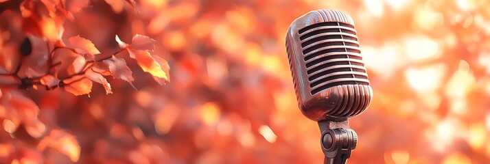 Close up of a microphone against a sparkling blurred autumn background for a captivating banner