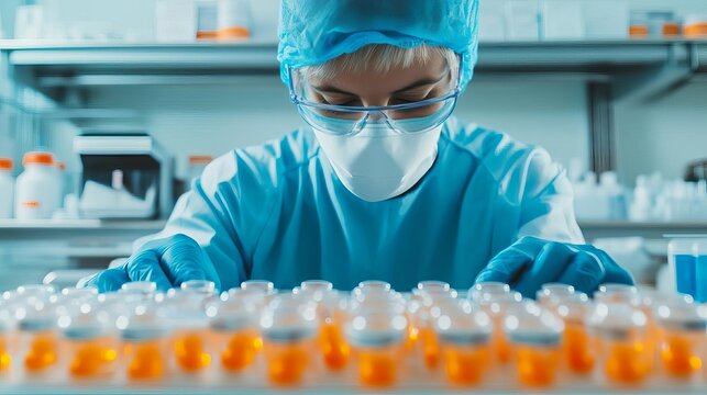 Scientist analyzing antibody-drug conjugates for cancer therapy, targeted treatment, biopharma research