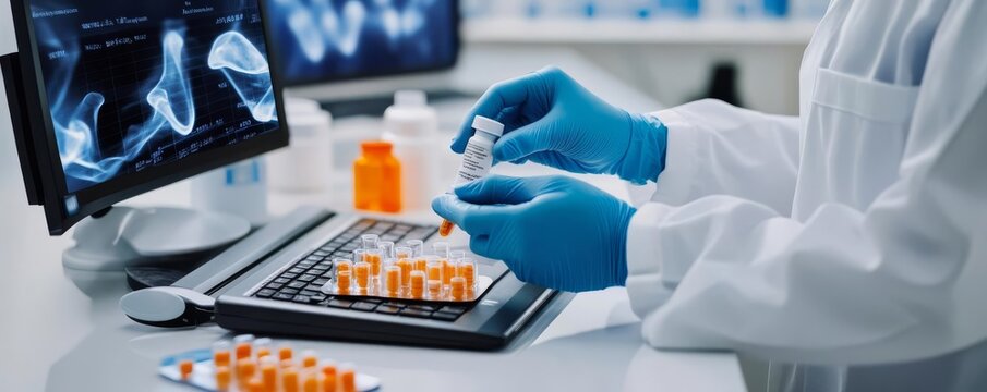 Scientist analyzing biosimilars for quality and efficacy, drug comparison, pharmaceutical standards