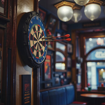A dart board mounted on the wall of a bar with darts in it