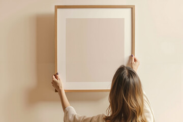 A woman holding up a picture frame in front of a wall