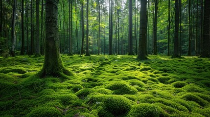 Obraz premium A serene image of sunlight streaming through a lush forest.