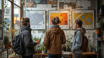 A group of people standing in front of a wall with pictures on it