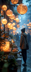 A woman walking down a street lined with lots of lanterns