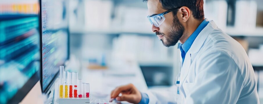 Scientist using bioinformatics tools for drug design in biopharma, computational biology, drug discovery